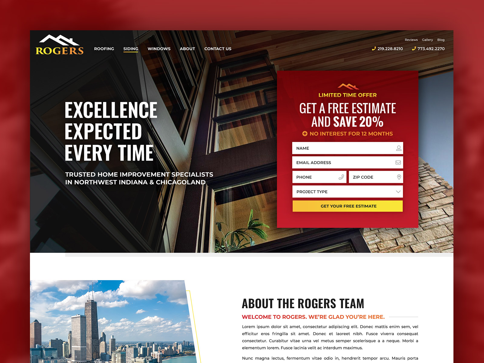 Stylized version of the top part of the Rogers Roofing home page to be used in digital portfolios
